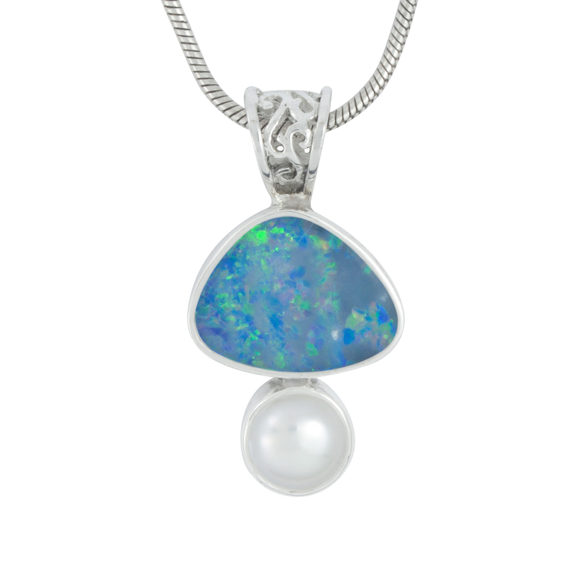 Silver Pendant With Opal Free Form &amp; Pearl