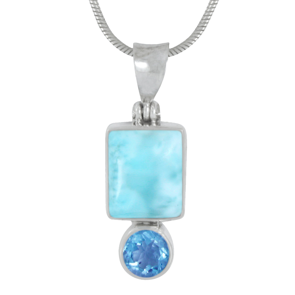 Silver Pendant With Larimar Rectangle &amp; Blue Topaz Round Facet
