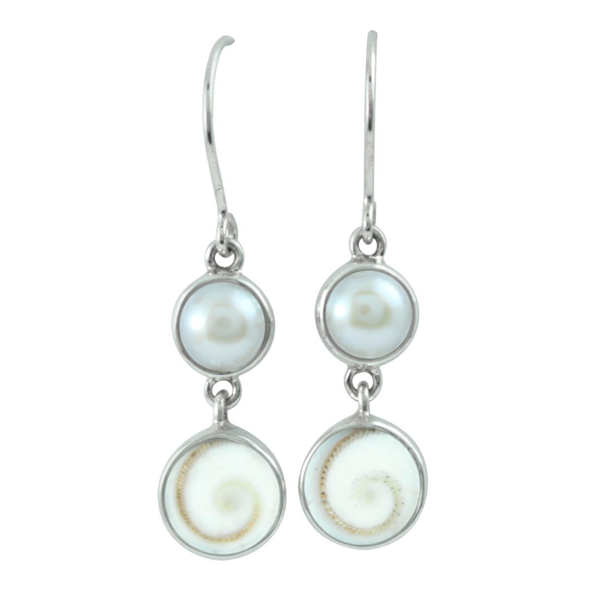Silver Earring With Pearl Round &amp; Shell Spiral Round
