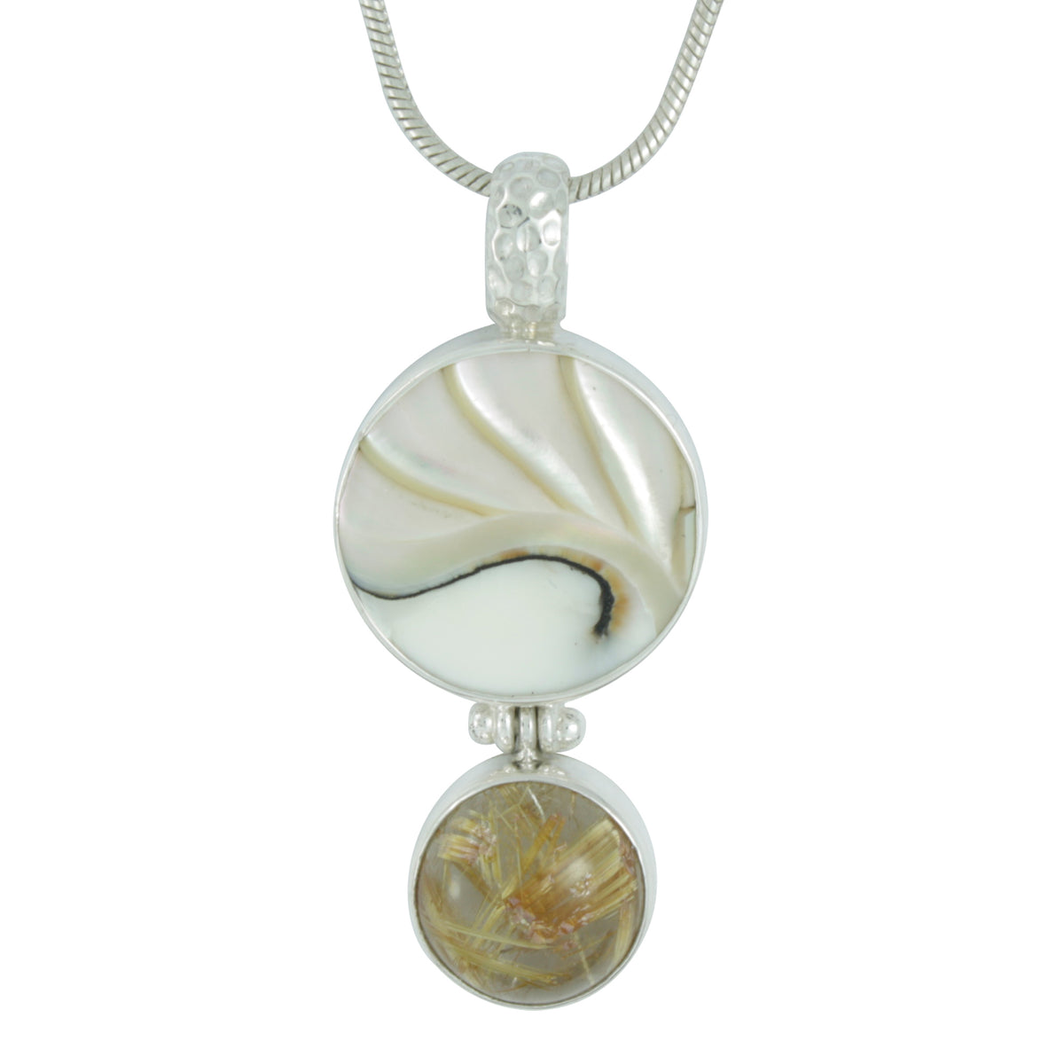 Shimmering Nautilas Shell Pendant with Rhudilated Quartz