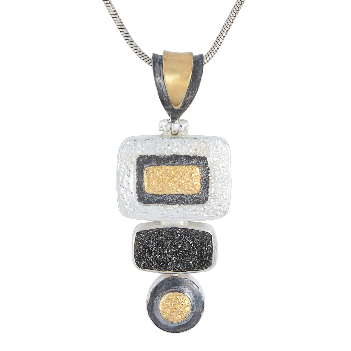 Silver Pendant Texture Component With Druzy Black Knight Rectangle Cushion