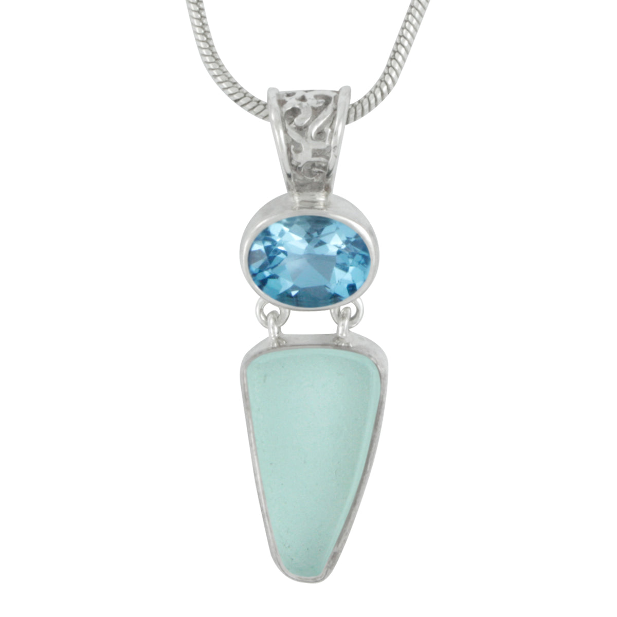 Unique Cobalt Blue Sea glass Pendant with Stunning Blue Topaz