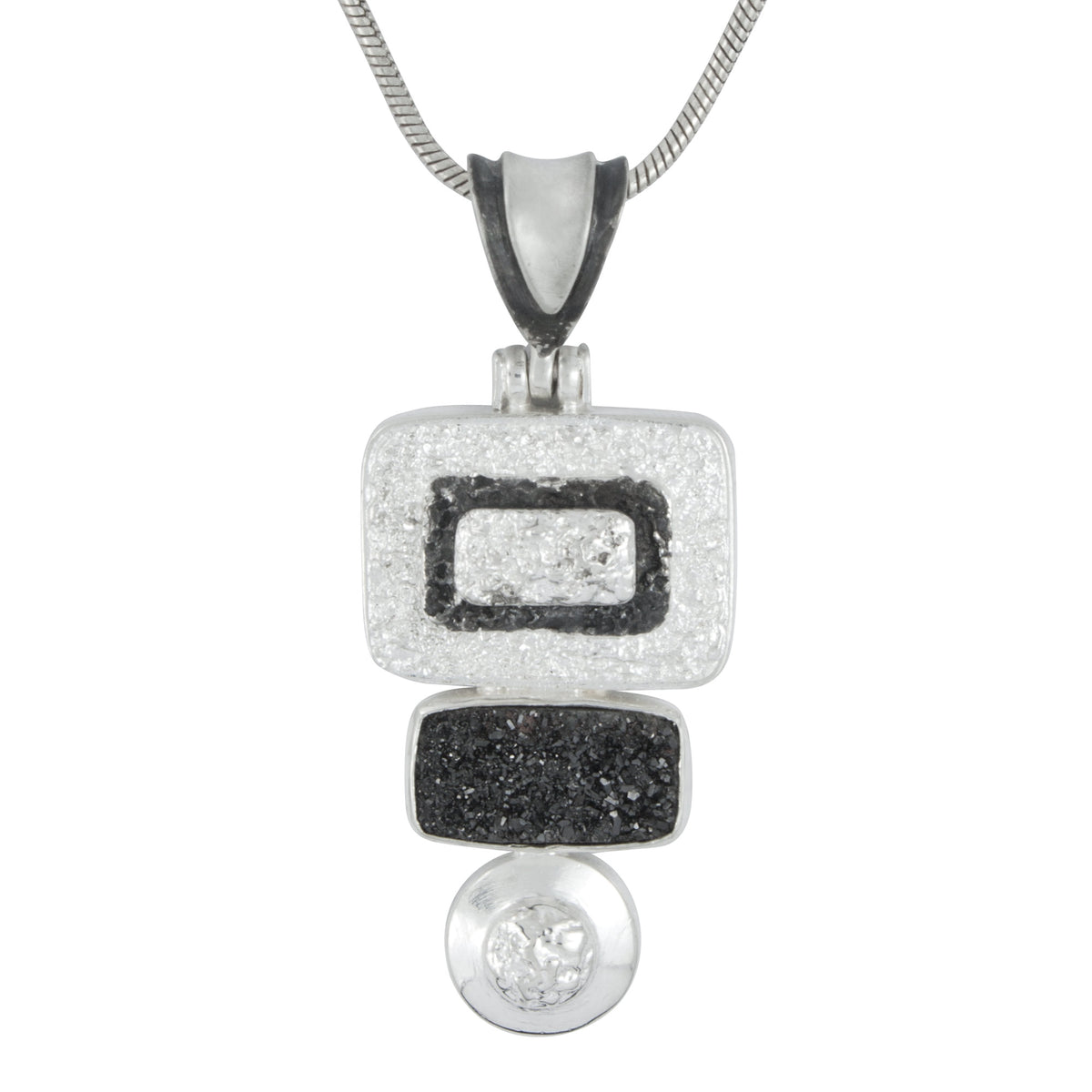 Silver Pendant Texture Component With Druzy Black Knight Rectangle Cushion