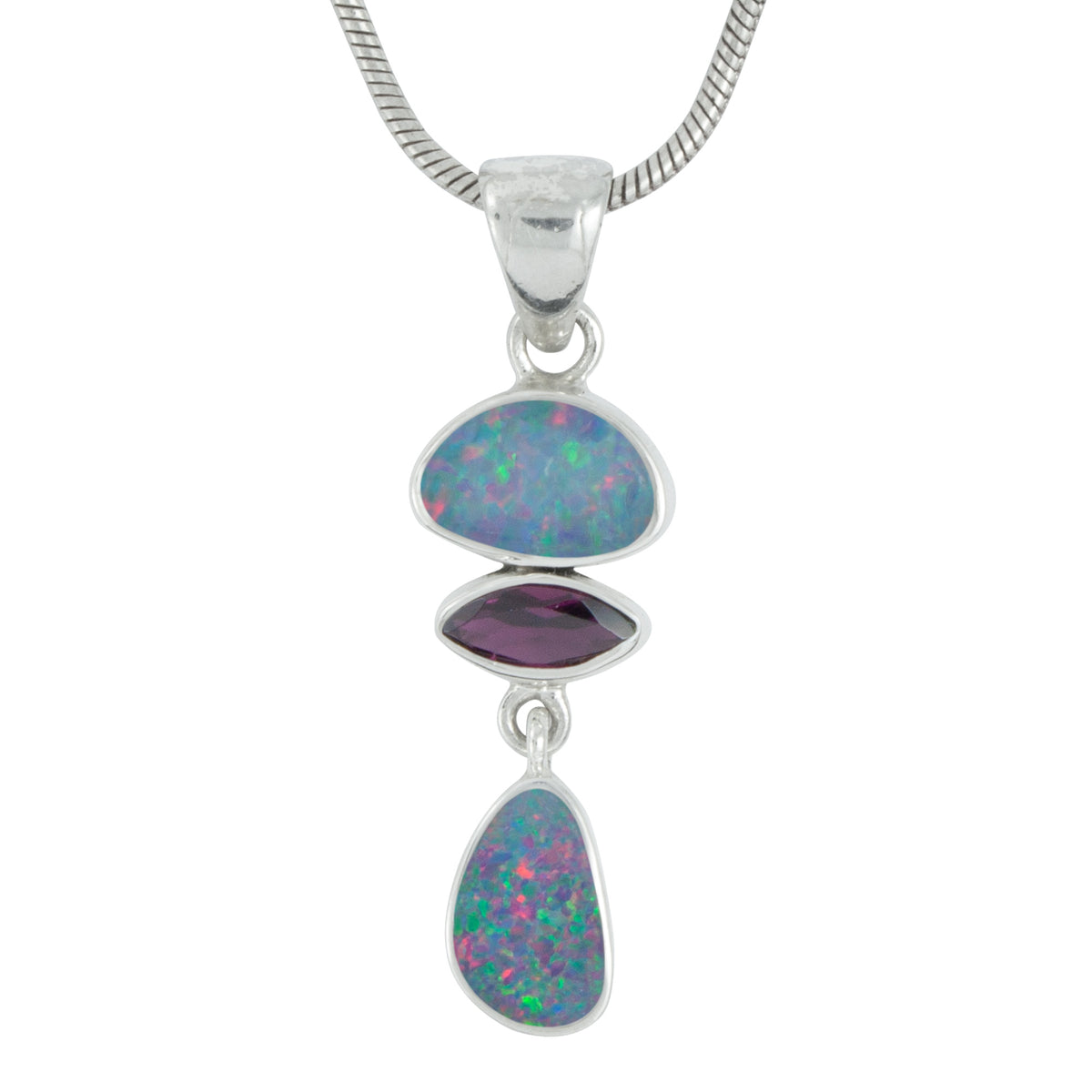 Silver Pendant 3 Stones With Opal Free Form &amp; Rhodolite Garnet Marquise