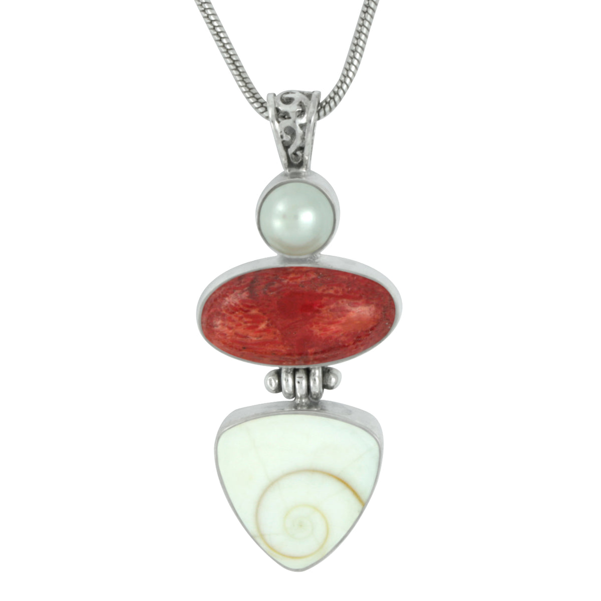 Silver Pendant With Pearl, Coral Oval &amp; Shell Piral Triangle