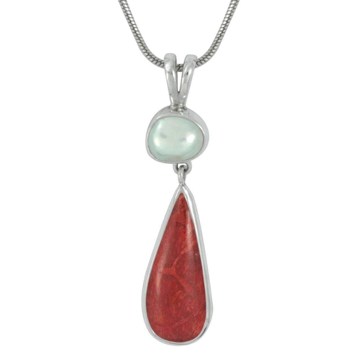 Silver Pendant With  Pearl &amp; Sponge Coral Tear Drop
