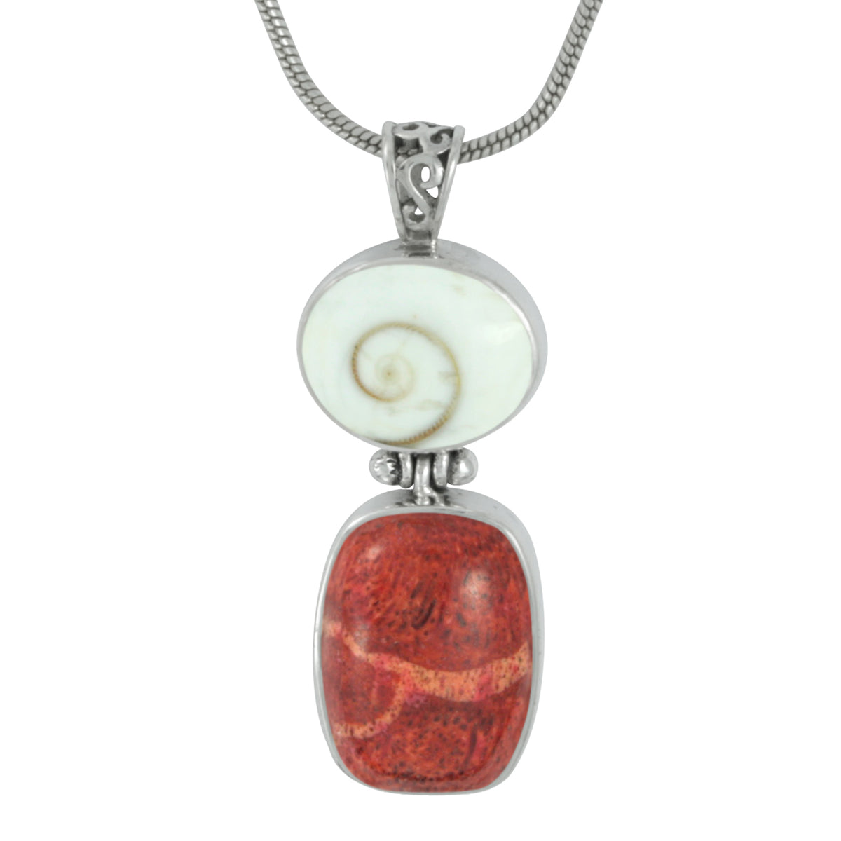 Silver Pendant with  Round Shell piral &amp; Rectangle Coral