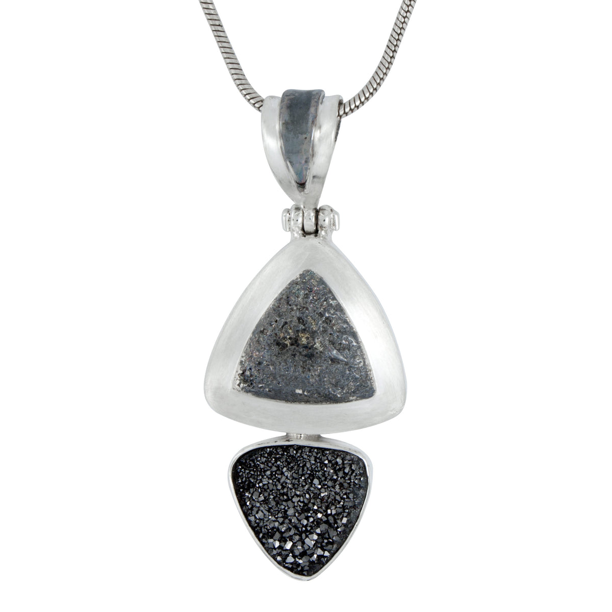 Silver Pendant Texture Component With Druzy Black Knigt Triangle